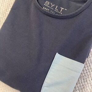 BYLT Premium Basics Drop Cut Lux Pocket T-Shirt Mens Small Navy Blue S/S Tee